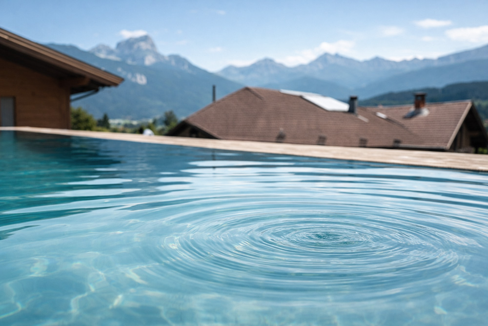 Piscine avec reflets d'eau valorisant l'espace extérieur, OMH Argonay
