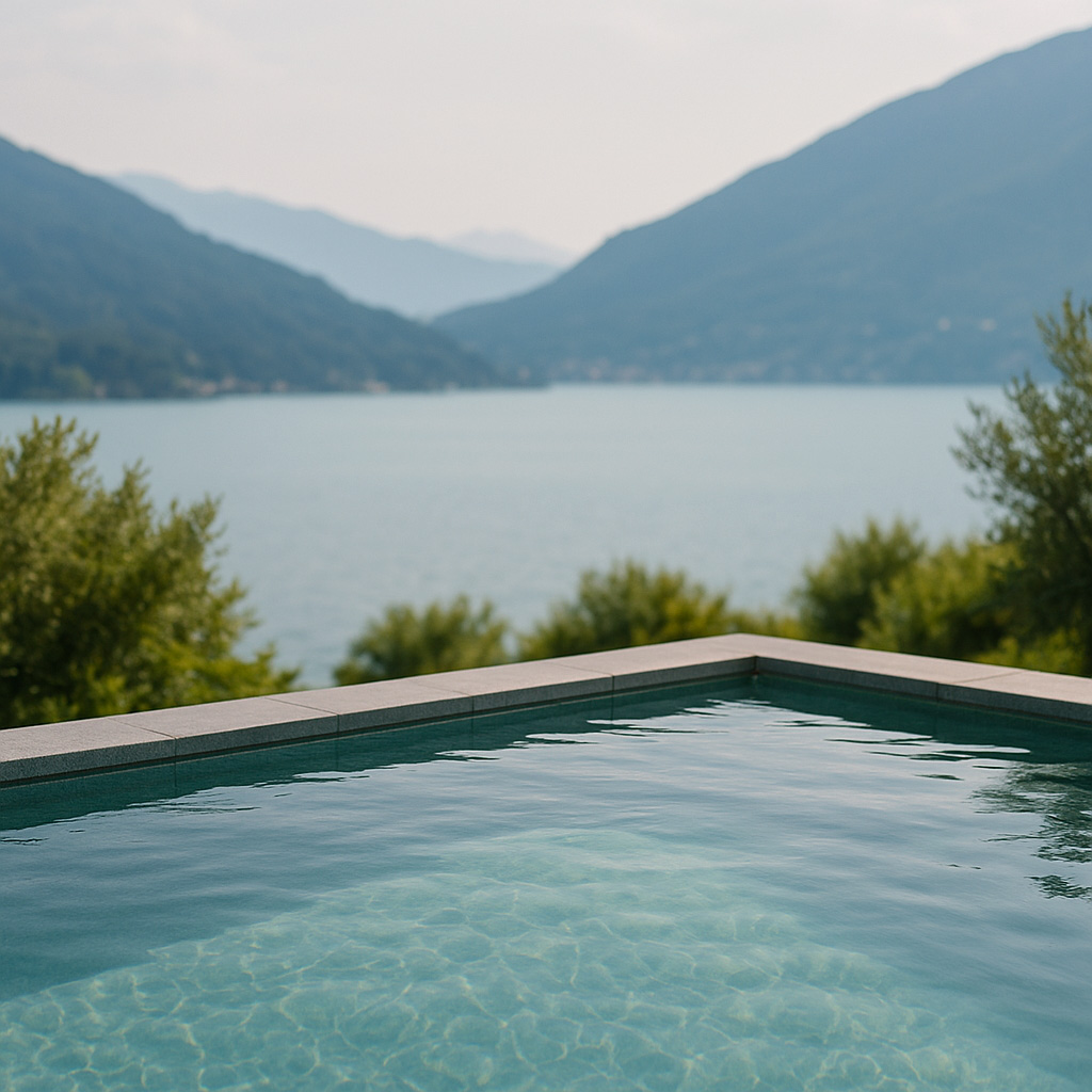 Piscine avec vue sur le lac d'Annecy et les Alpes, Haute-Savoie, OMH Argonay