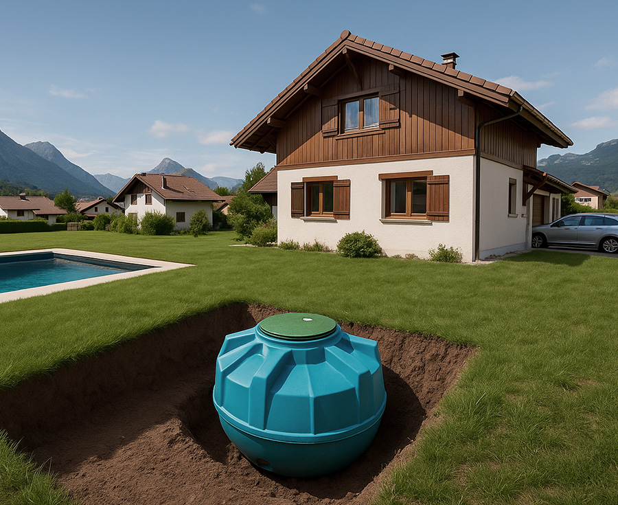 Cuve de récupérateur d'eau de pluie enterré dans un jardin de chalet, OMH Argonay